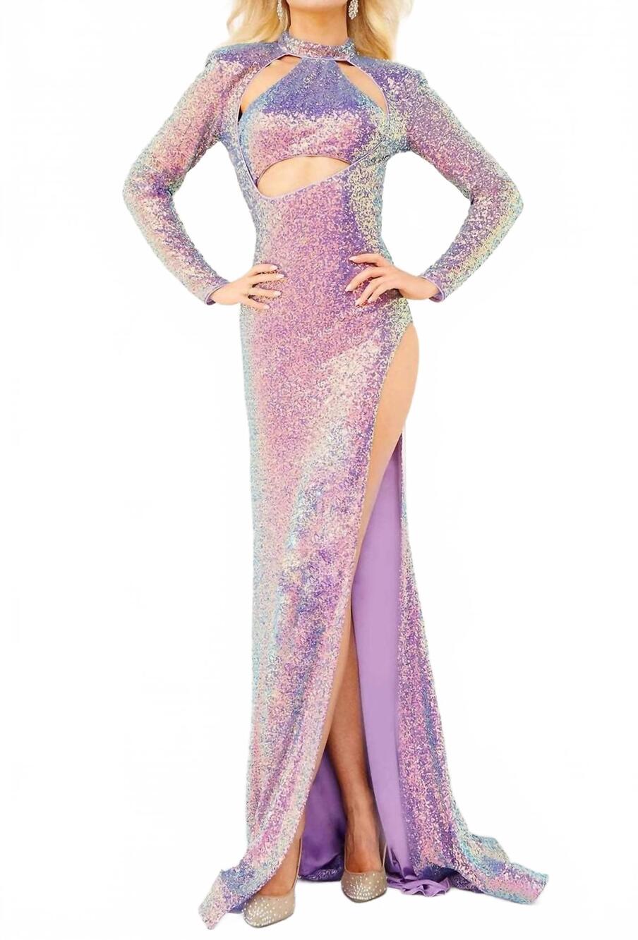 NEW JOVANI high neck cutout sequin prom gown in purple